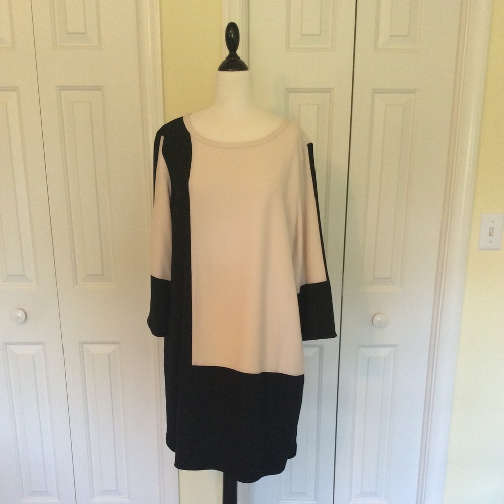 Dalia - rich black and cream color block, shift.